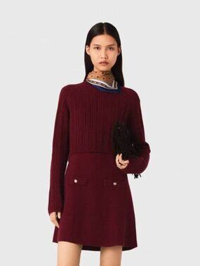 NEW MAJE Womens Sweater Burgundy Cropped Cable-Knit Mock Neck Top